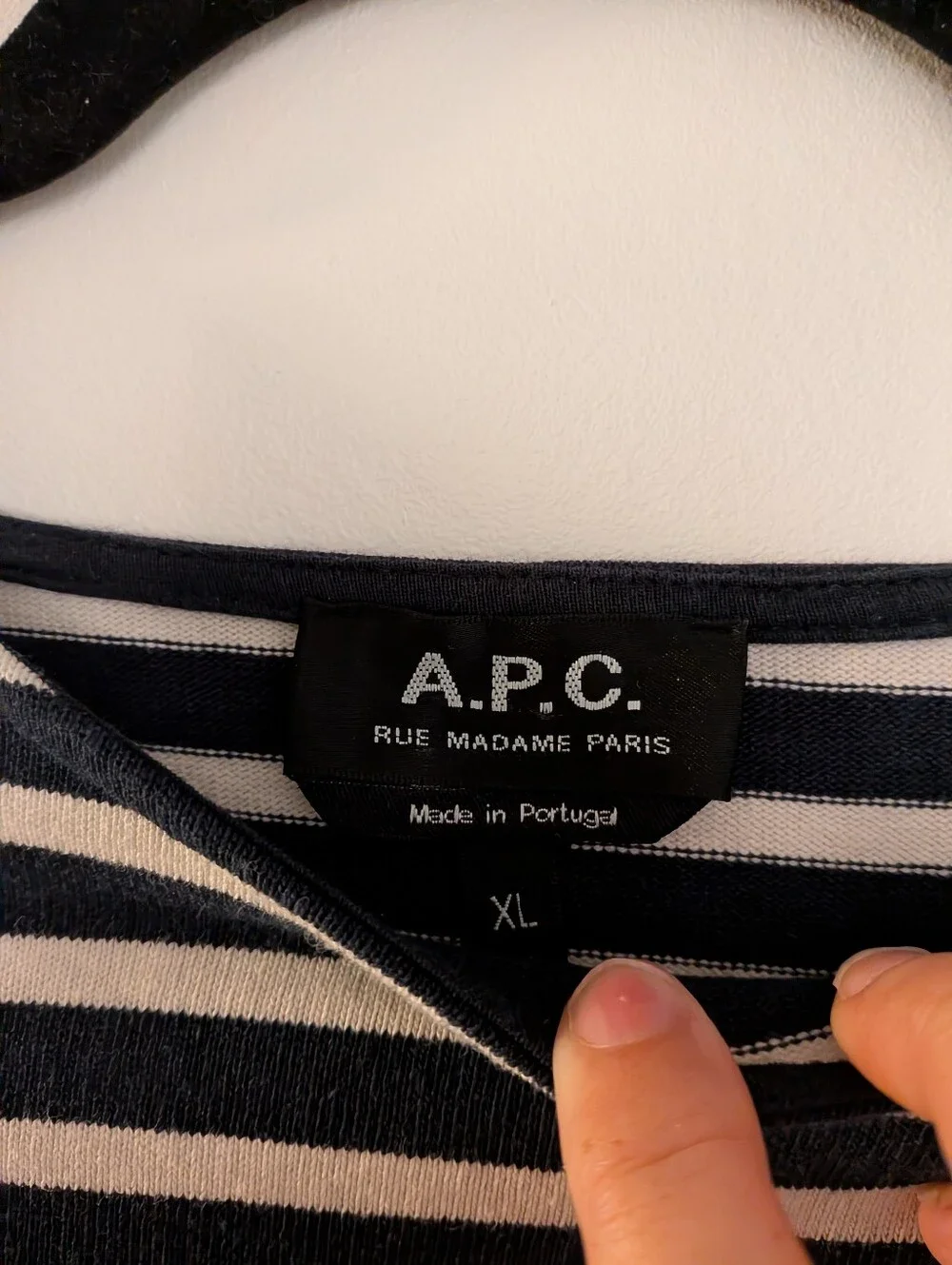 A.P.C. Rue Madame Paris Breton Striped Long Sleeve Tee XL Navy White Logo Patch